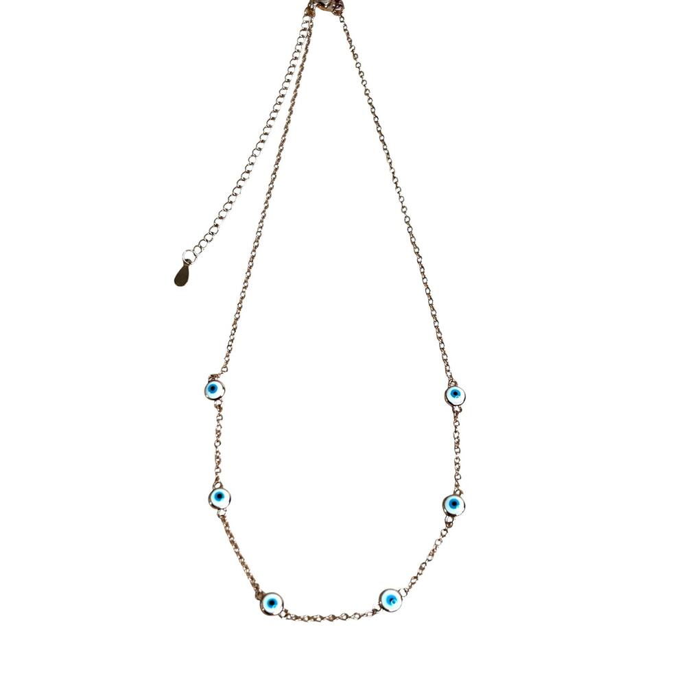 Rose Gold Plated Sterling Silver 925 Station Chain Evil Eye Necklace